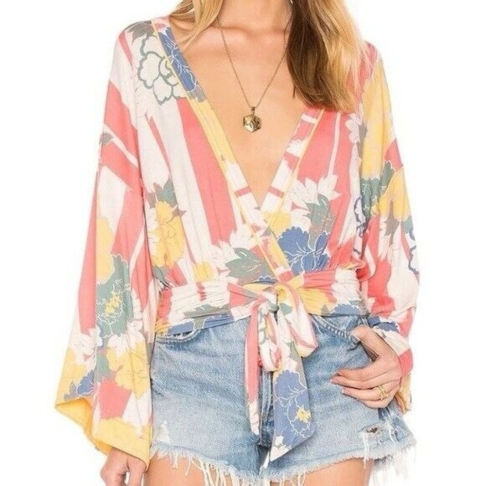 Free people Floral Wrap Tie-Front Blouse in Coral Multi